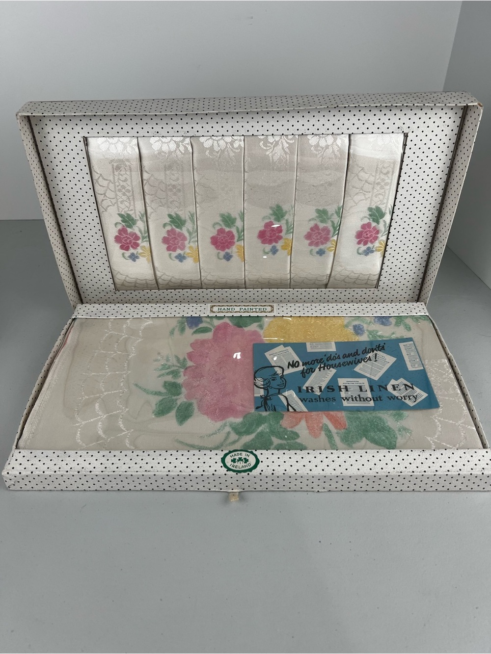 VTG Mid Century Irish Linen Hand Painted Floral Tablecloth Set 54x72 Boxed